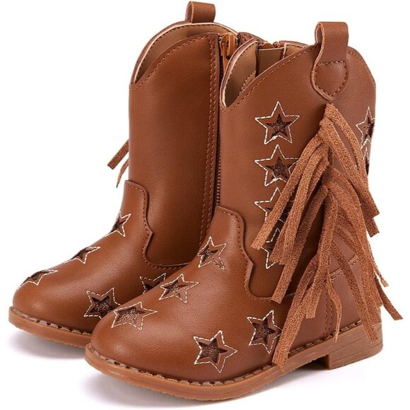 ⚡Girls 1-Brown Microfiber Little Kids Mid Calf Western Pointed Toe Riding Boots - Picture 1 of 6